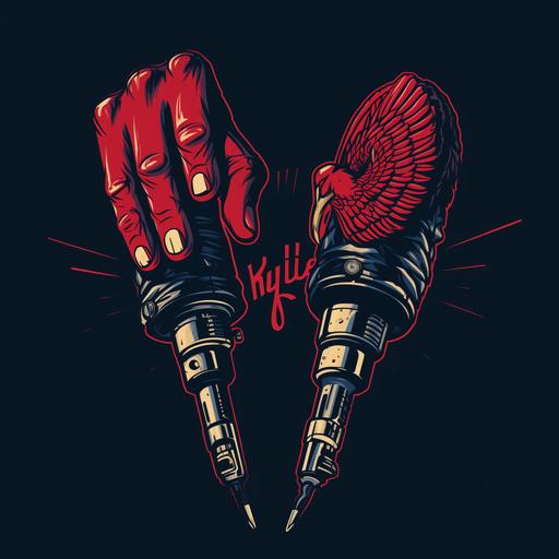 Run the jewels logo with mic holding in one hand and pen in another
