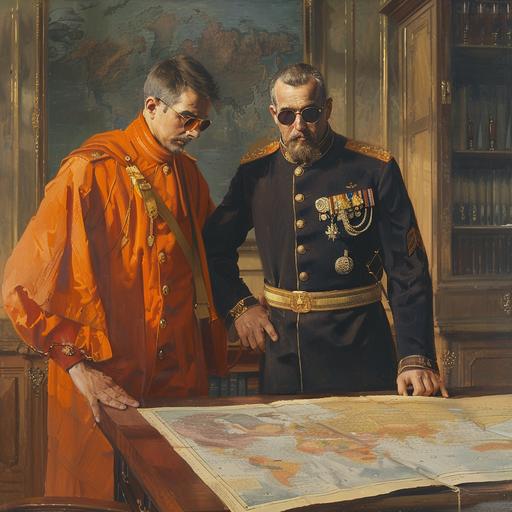 Russian Imperial Navy officer in dark blue uniform with golden shoulder piece and the man with circular sunglasses wearing orange robe standing in the XIX century offise and looking at the maps on the table