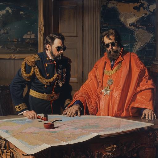 Russian Imperial Navy officer in dark blue uniform with golden shoulder piece without sunglasses with short hair and smoking a pipe and the man with circular sunglasses wearing orange robe standing in the XIX century offise and looking at the maps on the table