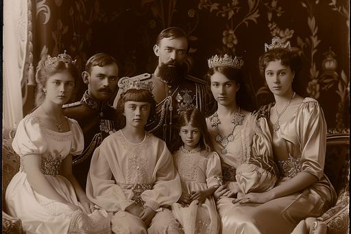 Russian Royal Romanov family posing in *art deco clothing,* for a formal portrait in 1916, sepia tone. --ar 3:2 --s 250