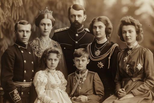 Russian Royal Romanov family posing in *art deco clothing,* for a formal portrait in 1916, sepia tone. --ar 3:2 --s 250