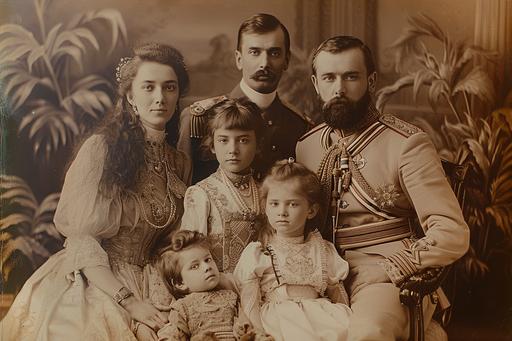 Russian Royal Romanov family posing in *art deco clothing,* for a formal portrait in 1916, sepia tone. --ar 3:2 --s 450