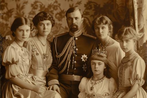 Russian Royal Romanov family posing in *art deco clothing,* for a formal portrait in 1916, sepia tone. --ar 3:2 --s 350