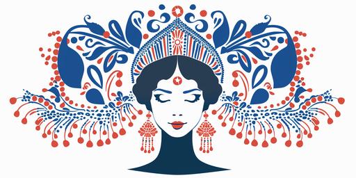 Russian native patterns, red and blue beads, long earrings, a woman in national headpiece kokoshnik. flat vector illustration isolated on white background. --ar 2:1 --v 6.0