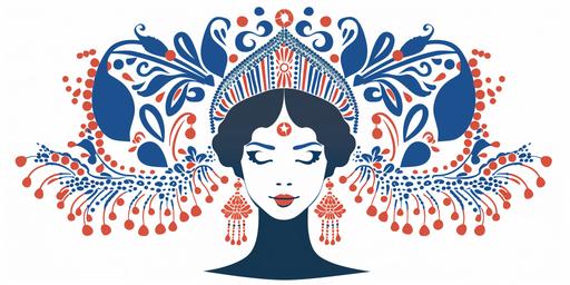 Russian native patterns, red and blue beads, long earrings, a woman in national headpiece kokoshnik. flat vector illustration isolated on white background. --ar 2:1 --v 6.0