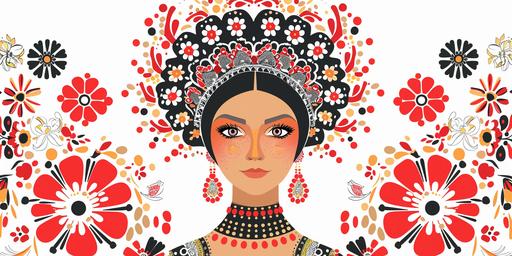 Russian native patterns. rushnik, red beads, a woman in national headpiece kokoshnik. flat vector illustration isolated on white background. --ar 2:1 --v 6.0