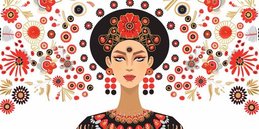 Russian native patterns. rushnik, red beads, a woman in national headpiece kokoshnik. flat vector illustration isolated on white background. --ar 2:1 --v 6.0
