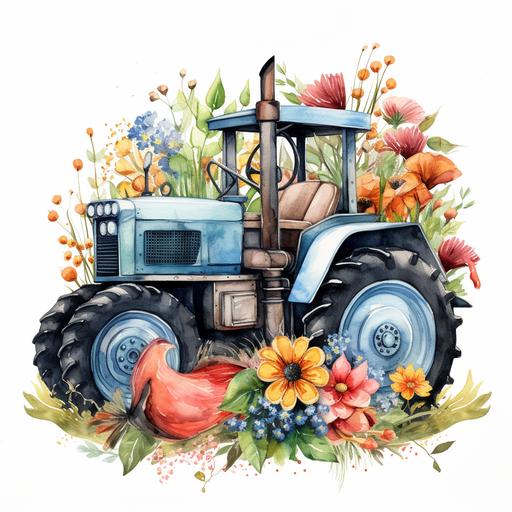 Rustic Tractor with Wildflowers watercolor clipart
