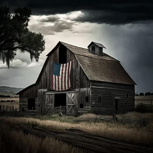 Rustic barn with American Flag, Dark Grey Sky, High Resolution