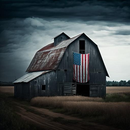 Rustic barn with American Flag, Dark Grey Sky, High Resolution