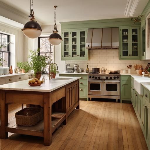 Rustic style, gallery kitchen with island, nyc apartment, red oak floor, wooden drawer bottom and cream cabinets at the top. White marble countertop, green backsplash.