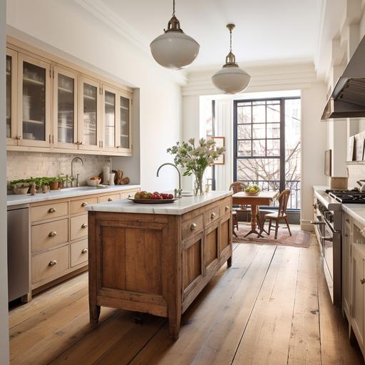 Rustic style, gallery kitchen with island, nyc apartment, red oak floor, wooden drawer bottom and cream cabinets at the top. White marble countertop