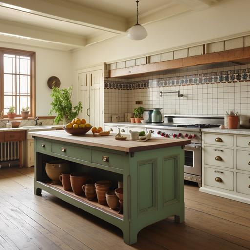Rustic style, gallery kitchen with island, nyc apartment, red oak floor, wooden drawer bottom and cream cabinets at the top. White marble countertop, green tiles on the wall.