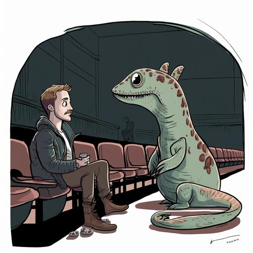 Ryan Gosling sitting next to a dinosaur in a movie theater cartoon