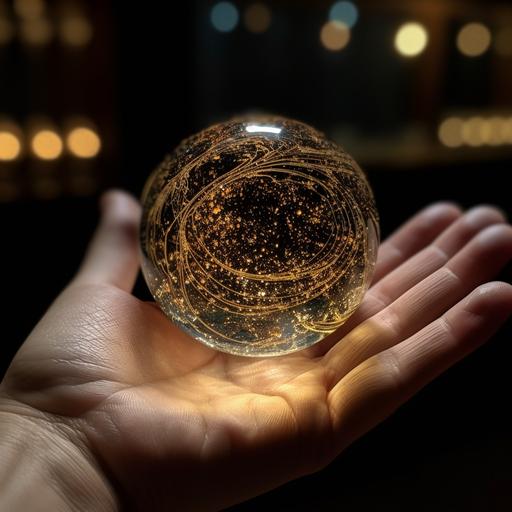 A 1 cm diameter glittering ball. It is located in the palm of an open horizontal hand. The inside of the ball shows a swirl of sand and tornadoes. The ball is cracked and will explode and the cracks are bright --s 250 --v 5.0