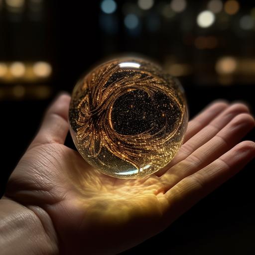 A 1 cm diameter glittering ball. It is located in the palm of an open horizontal hand. The inside of the ball shows a swirl of sand and tornadoes. The ball is cracked and will explode and the cracks are bright --s 250 --v 5.0