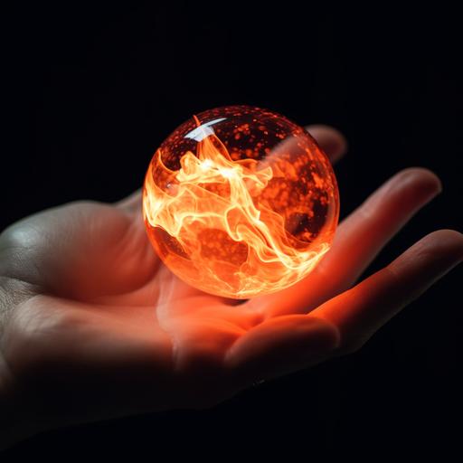 A ball with a brilliant white outline, sparkling, with a ball of fire that turns on itself in the ball. It is in the palm of an open horizontal hand. --s 250 --v 5.0