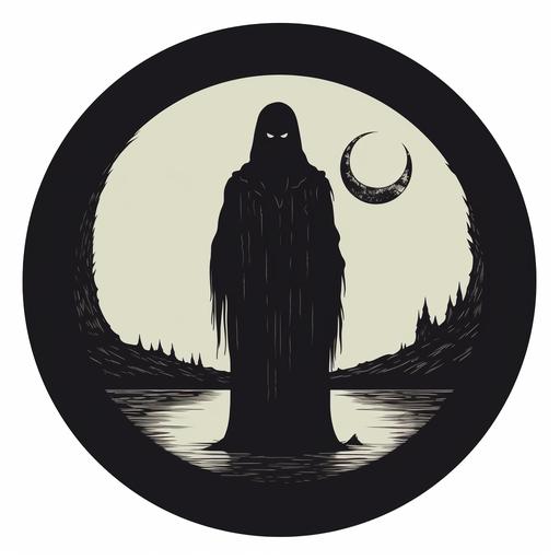 Black circle logo of a cloaked silhouette carrying a skull
