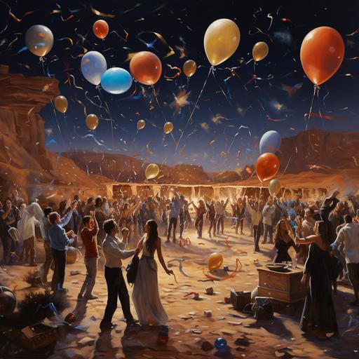 New Year's Eve party in the middle of the desert, dancing, balloons, confetti.