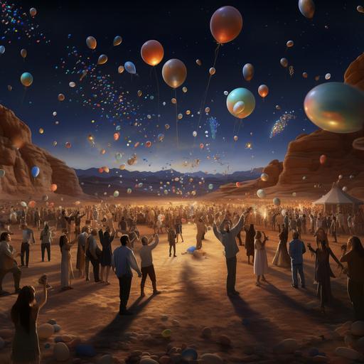 New Year's Eve party in the middle of the desert, dancing, balloons, confetti.