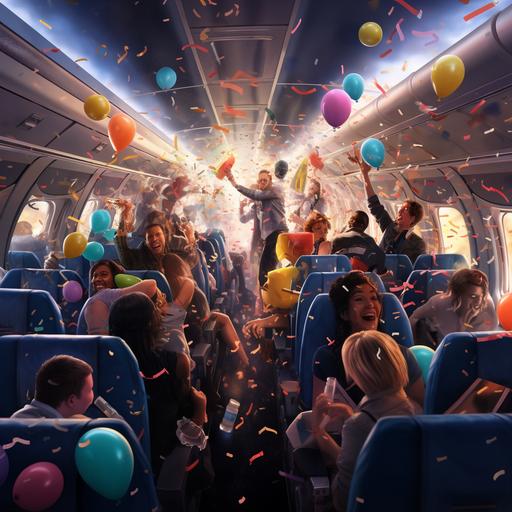 New Year's Eve party on an airplane, dancing, balloons, confetti.
