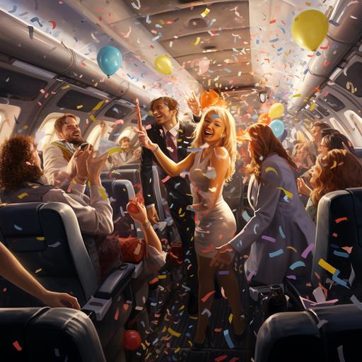 New Year's Even party on an airplane, flight attendants dancing, balloons, confetti, music, DJ.