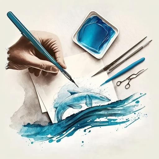 a doctor in blue gloves draws a watercolor wave with a scalpel with medical instruments lying next to him in minimalism