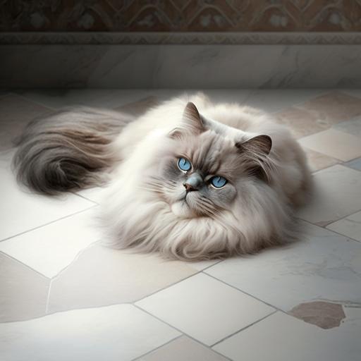 persian himalayan cat, blue eyes, white and grey fur, sleeping on marble floor