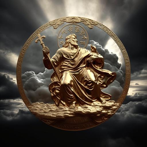 SAN JUDAS TADEO, gold coin, sky, cloud, light background, realitic, 4k,-- ar 16:9