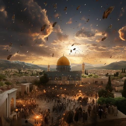 SCENE FOR AL JERUSALEM WINING THE WAR , PEOPLE ARE HAPPY,ARAB FLAGS EVERYWHERE , BEAUTIFUL SKY , FIREWORKS ,FALLING VIEWS FROM THE SKY , BIRD EYE , HIGH RSELIOTION ,hyper-realistic,--ar 4:3 --s 250
