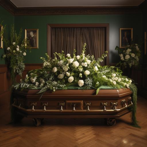 A wooden coffin in a room with green walls and parquet flooring. The coffin lid is open. The coffin is surrounded by beautiful flowers and a wreath typical of funerals.