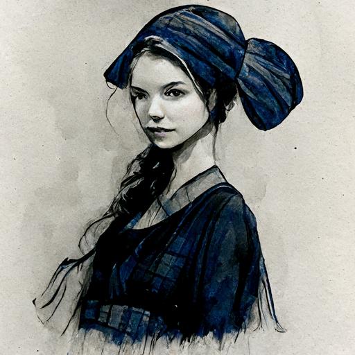 amish woman, with bonnet and hair tied in a bun, simple indigo dress, innocent, beautiful, full body,walking, full face, anya taylor-joy, pen and ink style, black and white