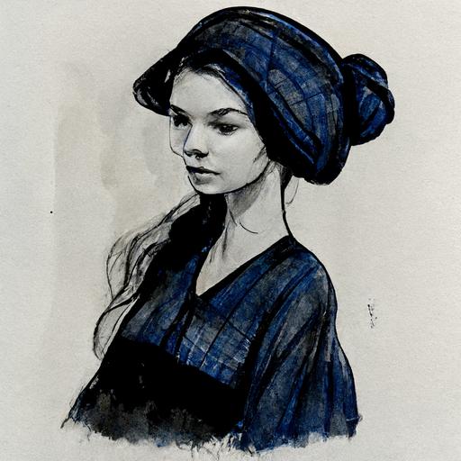 amish woman, with bonnet and hair tied in a bun, simple indigo dress, innocent, beautiful, full body,walking, full face, anya taylor-joy, pen and ink style, black and white