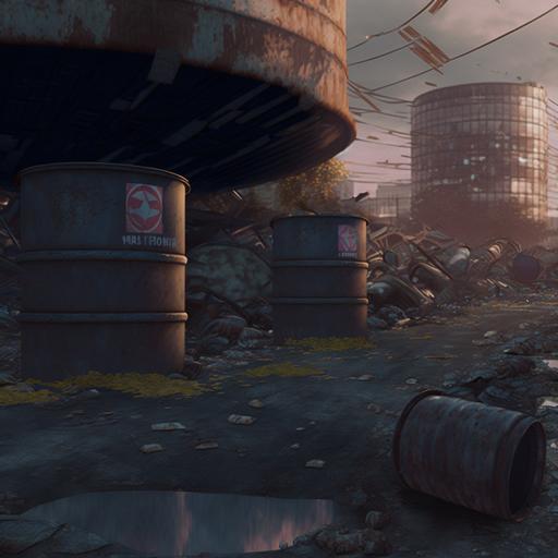 post apocalyptic, forbidden zone, radiation, toxic waste barrels, surreal, oculus lightning,highly detailed, cinematic, ultra realistic ,8K, oppressive atmosphere, photography, photographic rendering, unreal engine, octane render, UHD, --v 4