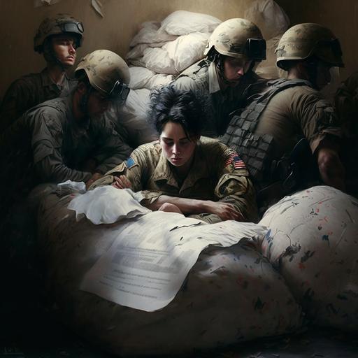 SOLDIERS STANDING AROUND A BED A CLUMP OF LONG BLACK HAIR LAYS ON THE PILLOW WITH A NOTE UNDER THE PILLOW