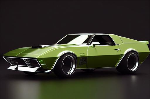 SOLIDWORKS Prototype cyberwave superstreet custom muscle-car high performance superstreet dominant, jet-fueled [ synthesized concept of 1972 camaro RS and 1967 corvette* ] reflective black chrome, carbon fiber, pearl green, synthpunk sleek render, concept car, organic lines, powerful, opulent, cohesive, large intricate LED headlights, deep wide body rolled fender flares, deep well spoke wheels, fat tires, photorealistic, realistic details, high contrast, intricate detail 8k, high octane, photorealistic low level three-quarter portrait, octane render, studio Ghibli, extra detail masterful pen and ink wash manga high detail Shuichi Shigeno, by Carroll Shelby, Jean Bugatti, Moreno de Giorgio, Giorgetto Giugiaro --v 3 --chaos 86.75309 —ar 2:1 --test --s 1250 --upbeta