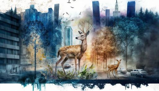 a city cyber streets watercolor aquarelle, painting, a brush stroke, picture split, over the painting, a nature illustration forest with a deer, --ar 16:9