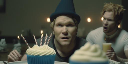 STYLE: Cinematic shot wide. GENRE: Comedy. EMOTION: joyous. SCENE: a surreal scene of Patrick Stump, lead singer of Fall Out Boy, and Patrick Swayze, the actor, wearing birthday party hats, sitting at a kitchen table, blowing out candles on a gigantic birthday cake. TAGS: 4k, shot from a movie, cinematic composition shot, professional color grading, soft shadows, details in shadows and highlights, kodak film pro, epic volumetric lighting, sharp focus, film grain, happy atmosphere, celebration. TIME: 2023. LOCATION TYPE: Kitchen filled with balloons. --ar 2:1