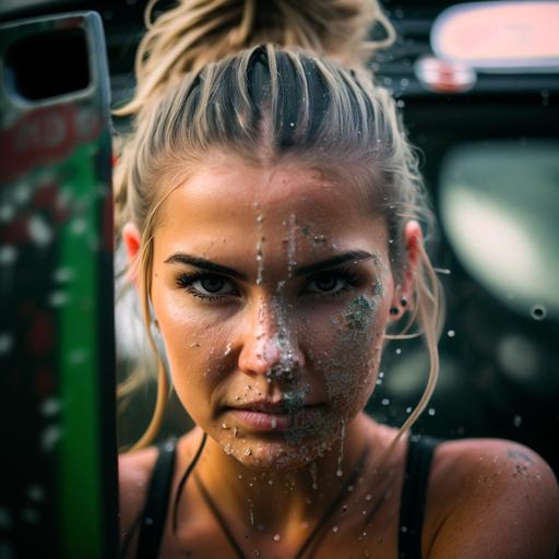 STYLE: Close-Up Shot | GENRE: Pin Up girl | EMOTION: happyness | SCENE: A girl car washing a Hummer | TAGS: Funny, spicy, natural | CAMERA: Fujifilm X-T4 | FOCAL LENGTH: 50mm | SHOT TYPE: Close-up | COMPOSITION: Rule of thirds | LIGHTING: Natural light with reflectors | PRODUCTION: military calendar | TIME: Afternoon | LOCATION TYPE: Interior | POST-PROCESSING: Increased clarity, minor sharpening.