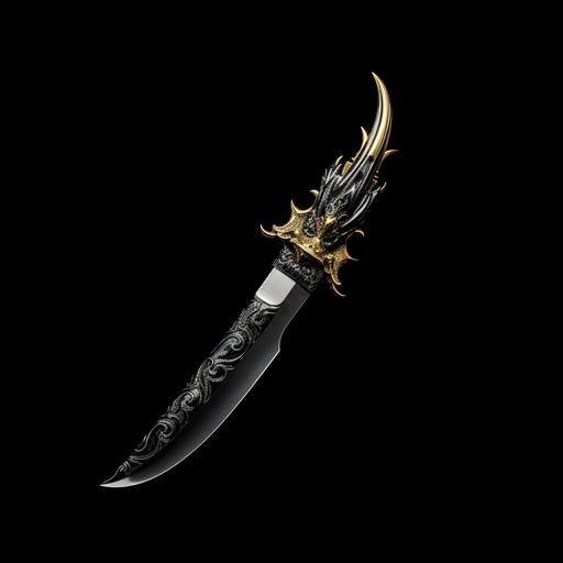 high quality image, sharp curved dagger, black handle, black background