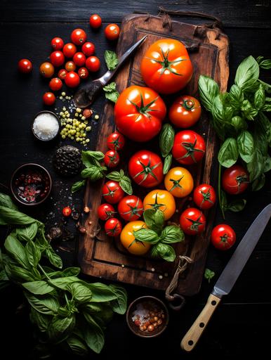 STYLE: Medium overhead/flatlay shot | GENRE: Seasonal Veggies | EMOTION: Fresh and inviting | SCENE: Several tomato varieties (including heirlooms in different colors and cherry tomatoes on the vine) scattered across the scene with a wooden handled parring knife and a small black plate of salt. | BACKGROUND: Square white tiles. | TAGS: high end food photography, commercial food photography, dramatic lighting, abundance of produce, fresh, summery | CAMERA: Canon R5 | FOCAL LENGTH: 35mm | APERTURE: f/10 | COMPOSITION: Scattered but organized | LIGHTING: Hard light/High contrast light | PRODUCTION: Food Stylist | TIME: Summer mid-afternoon | LOCATION TYPE: Kitchen | POST-PROCESSING: Increase contrast and saturation, selective sharpening on tomatoes | --ar 3:4