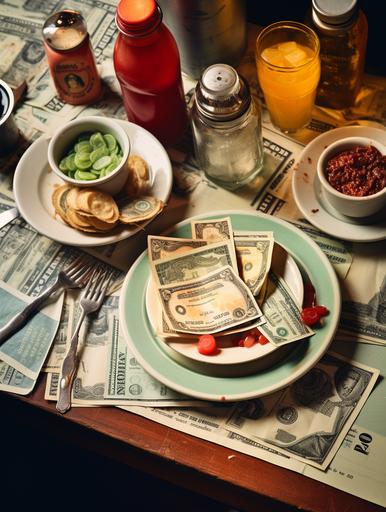STYLE: Top-down Shot / GENRE: Restaurant Diner / EMOTION: Nostalgic / SCENE: A diner plate served in a restaurant containing financial elements like dollar bills, coins, piggy banks, and financial charts on a rustic wooden table / TAGS: Nostalgic, comforting, delectable, homely, appetizing / CAMERA: Fujifilm X-Pro3 / FOCAL LENGTH: 35mm / SHOT TYPE: Top-down / COMPOSITION: Assymetrical / LIGHTING: Soft natural light / PRODUCTION: Food Stylist / TIME: Evening / LOCATION TYPE: Interior / POST-PROCESSING: Increased warmth, selective sharpening on the financial elements --ar 3:4