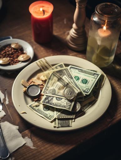 STYLE: Top-down Shot / GENRE: Restaurant Diner / EMOTION: Nostalgic / SCENE: A diner plate served in a restaurant containing financial elements like dollar bills, coins, piggy banks, and financial charts on a rustic wooden table / TAGS: Nostalgic, comforting, delectable, homely, appetizing / CAMERA: Fujifilm X-Pro3 / FOCAL LENGTH: 35mm / SHOT TYPE: Top-down / COMPOSITION: Assymetrical / LIGHTING: Soft natural light / PRODUCTION: Food Stylist / TIME: Evening / LOCATION TYPE: Interior / POST-PROCESSING: Increased warmth, selective sharpening on the financial elements --ar 3:4