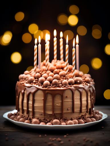 STYLE: close-up shot / GENRE: Dessert / EMOTION: Decadent / SCENE: Anti-gravity birthday cake made of Maltesers chocolate with birthday candles and written greeting 