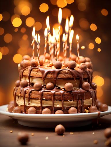STYLE: close-up shot / GENRE: Dessert / EMOTION: Decadent / SCENE: Anti-gravity birthday cake made of Maltesers chocolate with birthday candles and written greeting 