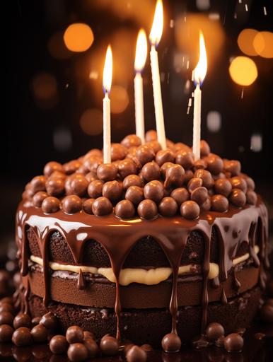 STYLE: close-up shot / GENRE: Dessert / EMOTION: Decadent / SCENE: Pouring Maltesers chocolate cake with birthday candles/ TAGS: decadent, rich, chocolate, dessert, indulgent / CAMERA: Canon EOS R6 / FOCAL LENGTH: 100mm / SHOT TYPE: close-up / COMPOSITION: Asymmetrical / LIGHTING: soft natural light with reflector/ PRODUCTION: Food Stylist / TIME: Afternoon / LOCATION TYPE: Interior / POST-PROCESSING: Increased contrast and saturation, selective sharpening on cake --ar 3:4