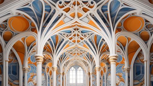 STYLE: intricate architectures, complex algebra, hyper - realistic geometric studies, industrial machinery aesthetics, striking symmetrical patterns FOCUS: First contact between humans and aliens | SETTING: Jesuit monastery | COLOUR: gleaming white, orange, yellow and blue --style raw --ar 16:9 --version 5.2