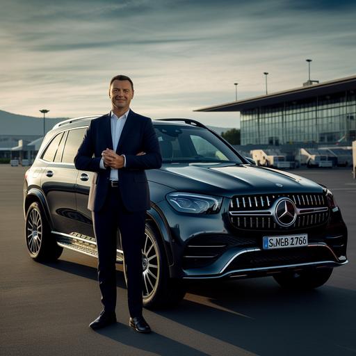 SUV driver with smile standing in suit before his new black mercedes gls suv, Zurich airport in background, photo realistic --v 5.0