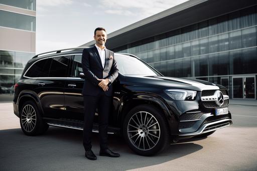 SUV driver with smile standing in suit before his new black mercedes gls suv, Zurich airport in background, photo realistic --ar 3:2 --v 5.0
