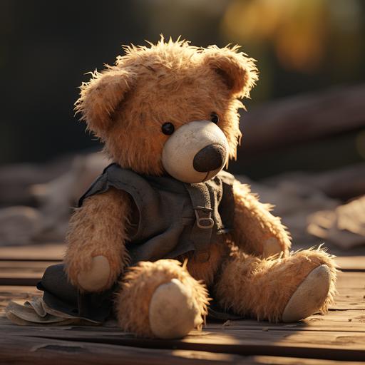 Sad, Stuffed teddy bear, worn down, dirty, black button eyes, sitting, shelf, small side tear, sowed red heart patch, thread from patch hanging off, black thread, ultra realistic, ultra HD, maximum detail, cinematic lighting, volmetric light, octane render, intricate detail, sharp graphic, 3DS Max, Cinema 4D, V-RAY, high contrast, 32k, insane details, editorial photography, photoshoot, shutter speed 1/1000, F/22, white balance, super-resolution, megapixel, pro photo GB, Backlight, Natural lighting, studio lighting, hyper realistic, cinematic, super detailed photography, editorial photography, tone mapping, hyper maximalist, elegant, hyper realistic, super detailed, 300 dpi, ultra quality, detailed texture, octane rendering cinematic, color grading, human looking, editorial photography, photography, photoshoot, depth of field, DOF, White balance, super-resolution, cinematic lighting, beautiful lighting, CGI, VFX, SFX, insanely detailed an dintricate, hypermaximalist, elegant, hyper realistic, super detailed, 3D, HDR,